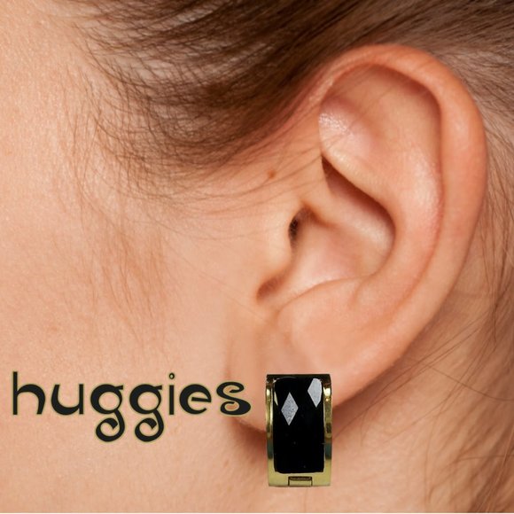 Gold Plated Stainless Steel Round Huggies Earrings Black Faceted Crystal - Picture 3 of 3